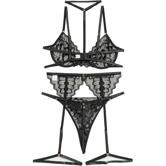 Комплект спідньої білизни Lilosy з чокером, мереживний з квітковим візерунком, пуш-ап, стрінг, для жінок, прозорий бюстгальтер та трусики, 3-частинний, чорний