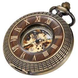 Скелетон кишеньковий механічний годинник Tiong Vintage Steampunk з ланцюжком, римські цифри, бронзовий колір (у подарунковій коробці)