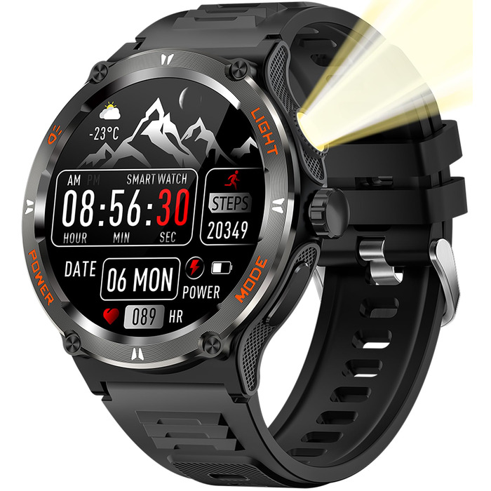 Смарт-годинник findtime Military: міцний тактичний годинник з компасом, LED-ліхтариком, функцією дзвінків та моніторингом серцебиття для Android та iOS, чорний