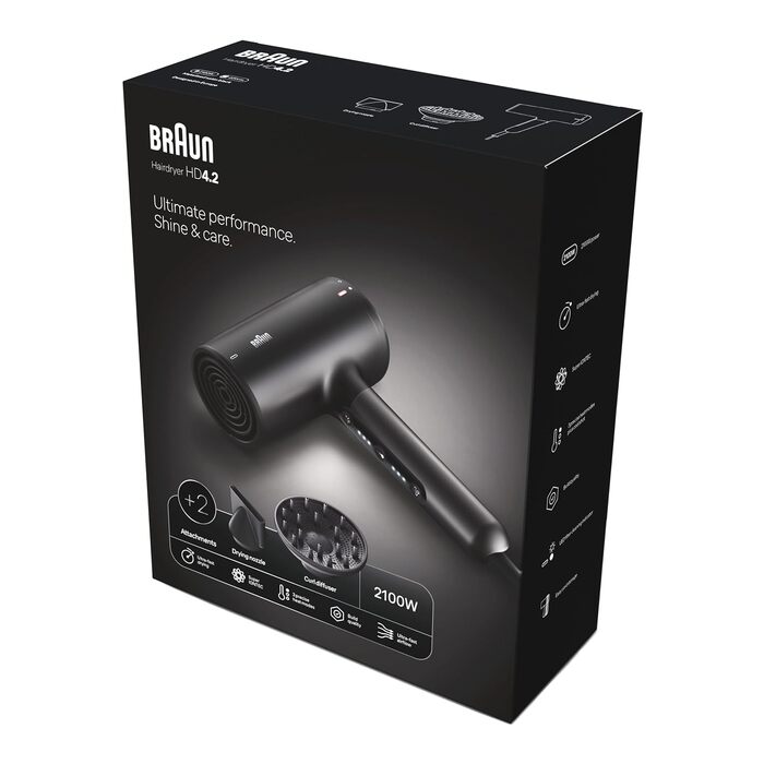 Фен для волосся Braun Haartrockner HD4.2 з дифузором та насадкою для стайлінгу, технологія Super IONTEC, 2100 Вт, 3 температури та 3 швидкості, чорно-сірий, BRHD425E
