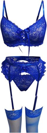 Сексуальний жіночий комплект спідньої білизни з стріжками: мереживний бюстгальтер push-up та труси G-string, висока талія, V-подібний виріз, блакитний, розмір XL