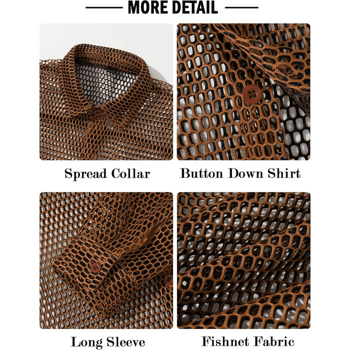 Чоловіча прозора сітчаста сорочка AIEOE: літня, мереживна, з довгим рукавом, для фестивалів, клубів, вечірок, костюм, коричневий