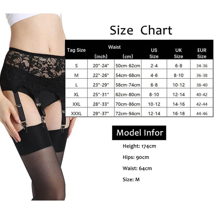 Жіночий ремінь-стріп-гурт з 6 гачками Klönkee, широкий, чорний, з мереживом