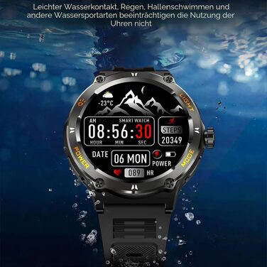 Смарт-годинник findtime Military: міцний тактичний годинник з компасом, LED-ліхтариком, функцією дзвінків та моніторингом серцебиття для Android та iOS, чорний