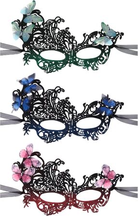 Набір з 3 шт. Венеціанська маска з мереживом та метеликами, оздоблена стразами. Ідеально для карнавалу, Хелловіну, вечірки, маскараду. Стиль 1920-х, вінтаж, для жінок.