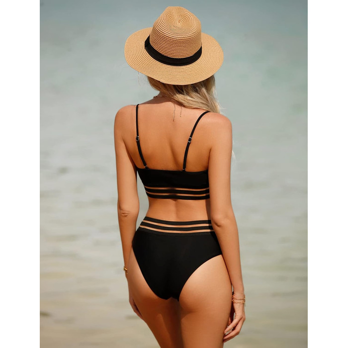 Спортивний двочастинний купальник-бікіні з сіткою для жінок. Push-up, висока талія, чорний.