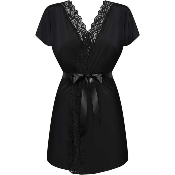 Сексуальний жіночий комплект Selente Love & Fun з халатом, танга/ніжною сорочкою та маскою для очей з атласу, чорний, розмір L-XL, Made in EU