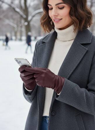 Жіночі шкіряні рукавички зимові Touchscreen, класичні утеплені (розмір S 6.5, колір винний)