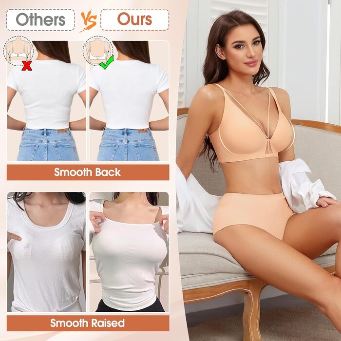 Бюстгальтер BH Daen без кісточок Push Up, сексуальний, безшовний, м'який, для сну, V-подібний виріз, класичний (Nude, L)