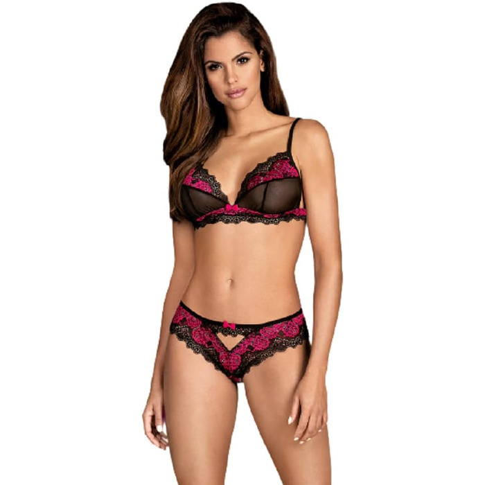 Сексуальний жіночий комплект спідньої білизни Obsessive з бюстгальтером, поясом-гюртом та стрінгами, у подарунковій коробці, чорний/рожевий, L-XL