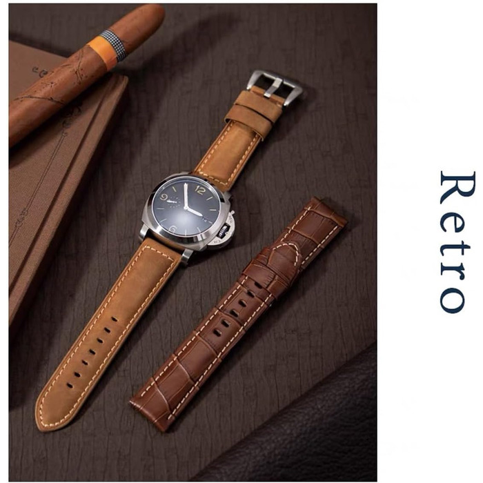 Шкіряний ремінець для годинника Panerai Luminor 44мм Vintage Military, 22мм 24мм 26мм, світло-коричневий зі сріблястими елементами