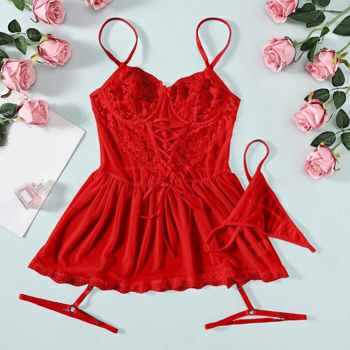 Сексуальна спідня білизна для жінок: боді, babydoll, нічна сорочка з мереживом. Червоний колір, ідеально для святкування Різдва, Нового року, Дня святого Валентина