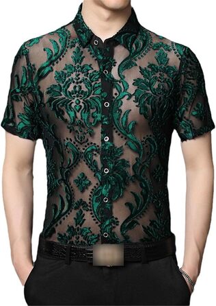 Прозора чоловіча сорочка з квітковою вишивкою EN8 7713 | Сексі сорочка з мереживом для вечірок