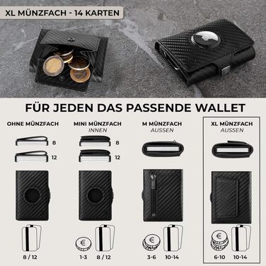 Мінімалістичний тонкий гаманець KLIK з монетницею та RFID захистом для чоловіків, натуральна шкіра, Carbon (AirTag XL)