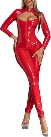 Жіночий лаковий боді-костюм на блискавці з довгим рукавом. Стильний образ Кота-Жінки для клубу, танців та косплею. Червоний колір.