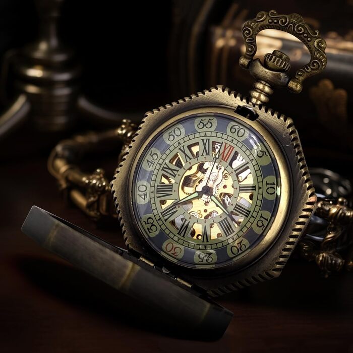 Чоловічий кишеньковий механічний годинник BOSHIYA Vintage Steampunk: скелетон, підсвічування, ручний завод, бронзовий колір (гексагональний корпус)