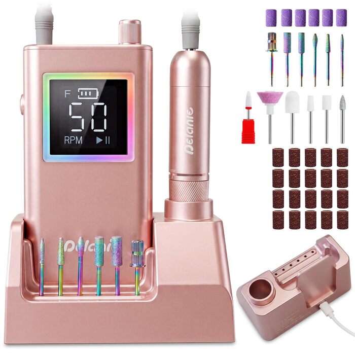 Професійний електричний апарат для манікюру Delanie, 50 000 об/хв, з док-станцією та набором із 12 фрез для натуральних, гель та акрилових нігтів, портативний фрезер для дому та салону