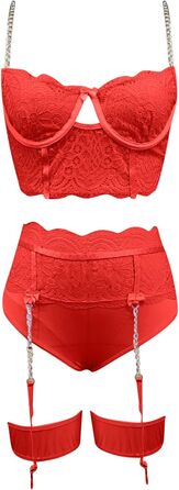 Сексуальний жіночий комплект спідньої білизни з корсетом, стрінгами, високою талією, глибоким V-подібним вирізом, бюстгальтером push-up та мереживом. Ідеальний для свята Валентина. Білий (A-червоний, XL)