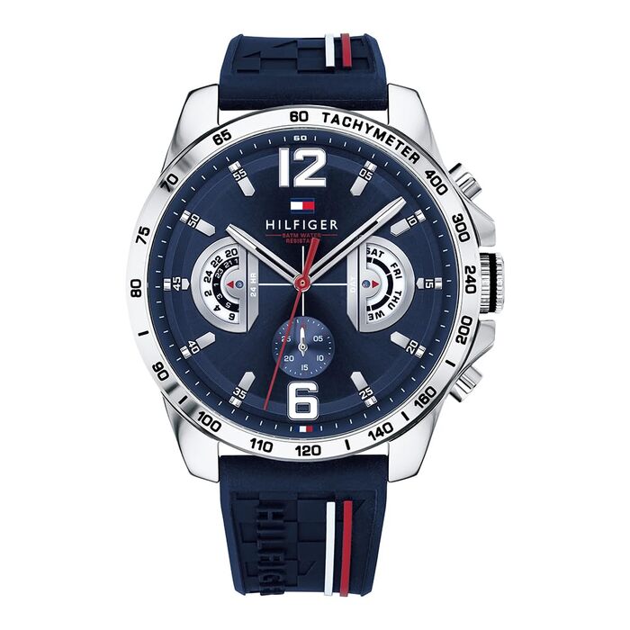 Чоловічий багатофункціональний кварцовий годинник Tommy Hilfiger з силіконовим ремінцем, індикацією дня та дати, водонепроникність 5ATM, Navy Silicone