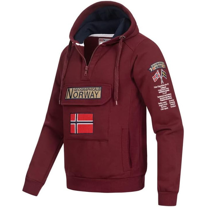 Чоловіча толстовка на блискавці з капюшоном Geographical Norway Gymclass, теплий світшот з кишенею-кенгуру, бордовий (M)