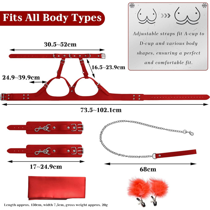 Набір BDSM 6-в-1: наручники, шлея для тіла, чіп, батіг, маска для очей, мотузки для фіксації. Для пар. Червоний колір.