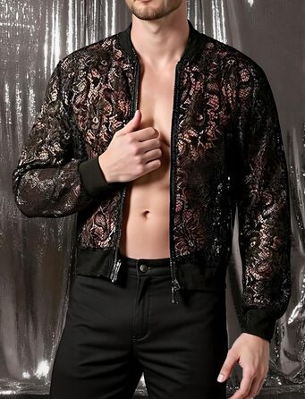 Чоловіча мереживна куртка AIEOE з довгим рукавом, сітчаста сорочка, топ для вечірок, клубної моди, прозора блейзер, сітчаста сорочка для нічного клубу, карнавалу, чорного кольору