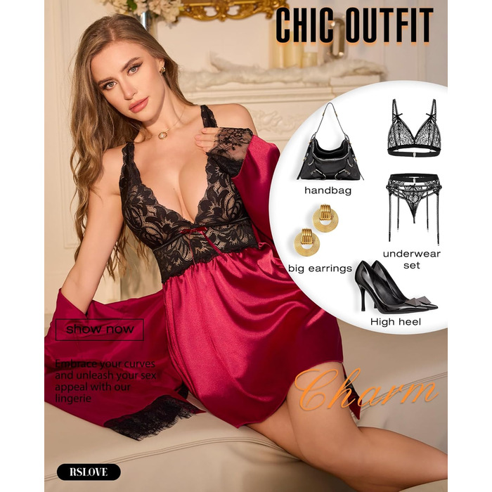 Сексуальна нічна сорочка Babydoll RSLOVE з мереживом та атласу, бордовий, розмір XXL