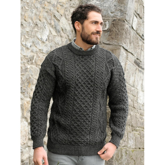 Свитер Aran Crafts з ірландської чистої шерсті з плетеним візерунком (коси), круглий виріз, XL, колір антрацит