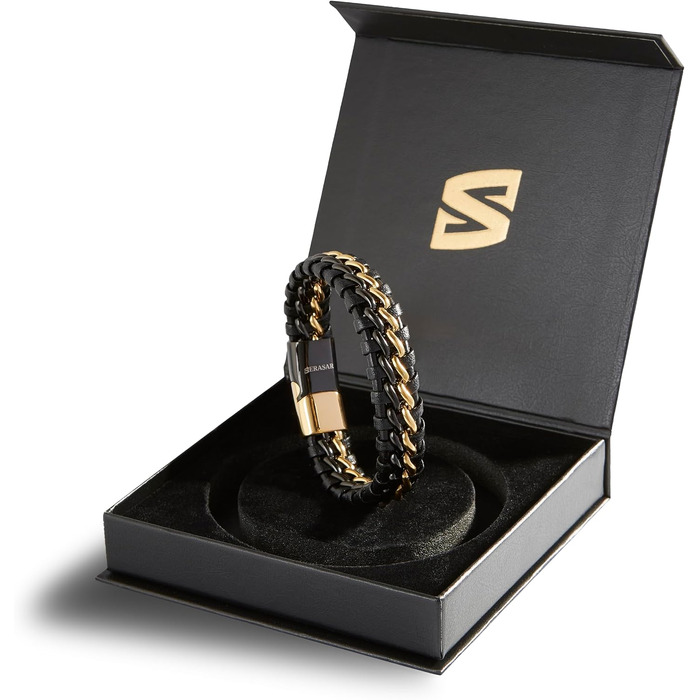 Шкіряний чоловічий браслет SERASAR Premium зі сталевим магнітним замком (Gold/Schwarz), 20 см, у подарунковій коробці
