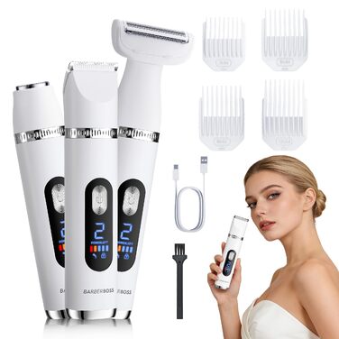 Електричний тример-голениця для жінок 3-в-1 BarberBoss SmoothCare для тіла, бікіні та обличчя, з 4 насадками та LED-дисплеєм (Білий, Сріблястий)