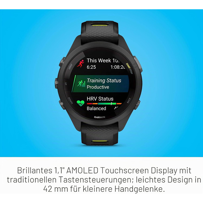 Спортивний смарт-годинник Garmin Forerunner 265S з AMOLED-дисплеєм, функціями тренувань та відновлення, 42 мм (Black/Amp Yellow)