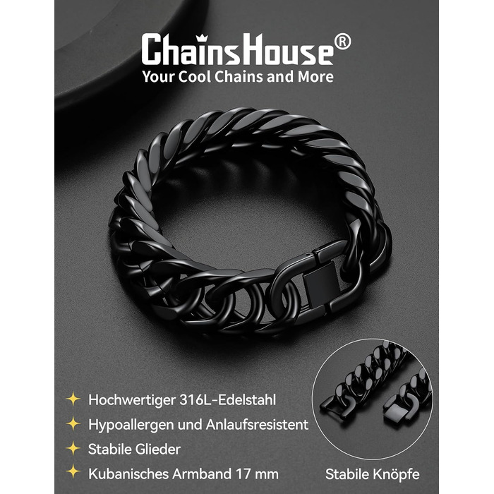 Чоловічий сталевий браслет-ланцюг Panzer від ChainsHouse, чорний, 17мм, 19см — стильна хіп-хоп прикраса в подарунковій коробці