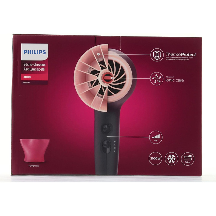 Фен для волосся Philips Series 3000 BHD350/10 з функцією іонізації та ThermoProtect, 2100 Вт, 6 режимів температури та швидкості, чорний