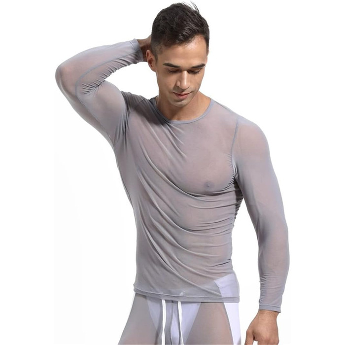 Чоловіча сітчаста футболка з прозорим дизайном, довгі рукави, сіра