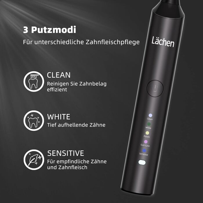 Електрична сонічна зубна щітка Lächen, 5 режимів роботи, чорна, з дорожнім футляром та 4 насадками, USB-зарядка, таймер, водонепроникність IPX7