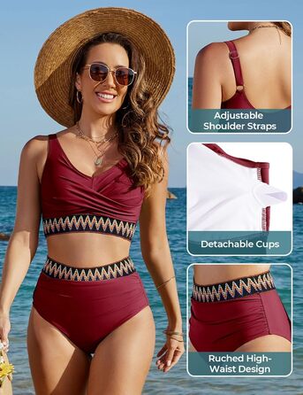 Бікіні жіночий комплект з високою талією, суцільний купальник двочастинний, сексуальний V-подібний виріз, push-up, кольоровий смугастий, великі розміри, пляжний, басейн, бордовий