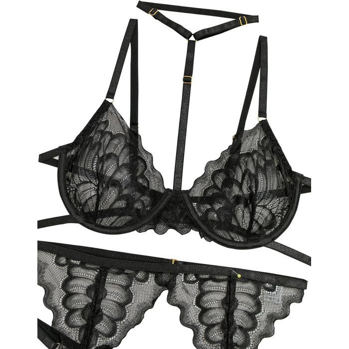 Комплект спідньої білизни Lilosy з чокером, мереживний з квітковим візерунком, пуш-ап, стрінг, для жінок, прозорий бюстгальтер та трусики, 3-частинний, чорний