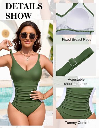 Купальник жіночий Badeanzug, фігуроформний, V-подібний виріз, з регульованими бретелями, збоку таліювання, армійного кольору (S)
