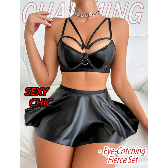 Костюм для нічного клубу Adigau Deou з еластичної шкіри (Wetlook): бюстгальтер, міні-спідниця, з ланцюгом. Чорний (XL)