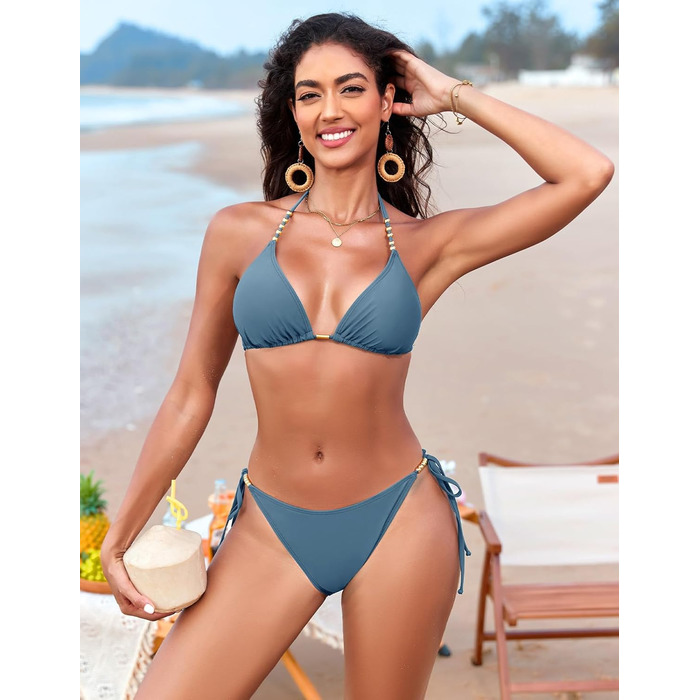 Бікіні Triangel Daen з золотими перлами, топ-халтер з пом'якшувачами та трусики-стрінг на зав'язки (Небесно-блакитний, XS)
