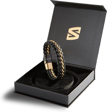 Шкіряний чоловічий браслет SERASAR Premium зі сталевим магнітним замком (Gold/Schwarz), 20 см, у подарунковій коробці