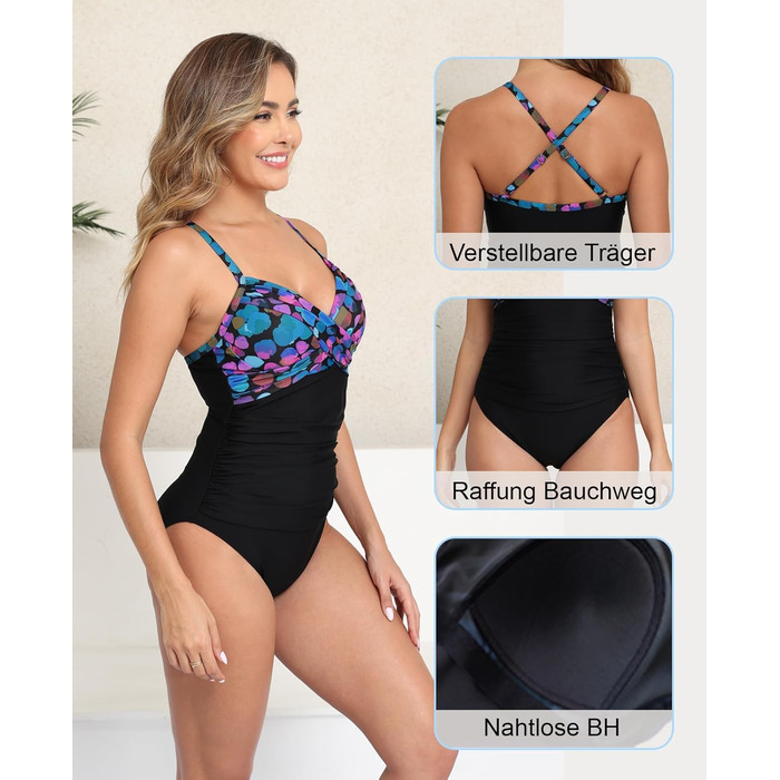 Купальник жіночий Halcurt з животом, з чашками, збоку виріз, монокіні - XXL (Чорний/Кольоровий)