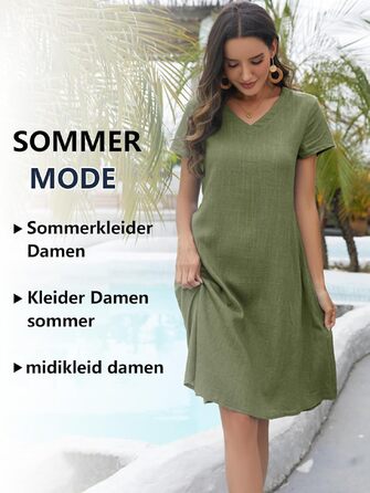 Сукня Tincini Soerkleid льон, повсякденна, V-подібний виріз, трапеція, пляжна, темно-зелена, розмір XXL