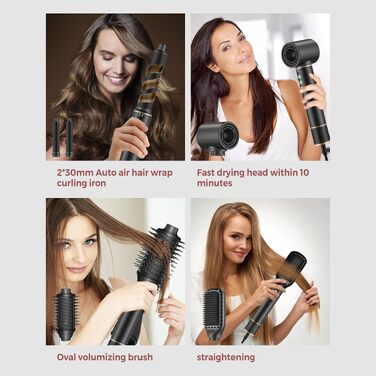 Мультистайлер для волосся 6 в 1 MogaWave Hairstyler Pro Airbrush: стайлер-фен з насадками для об'єму, завивки та випрямлення волосся, чорний