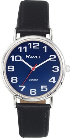Аналоговий унісекс-годинник Ravel R0105 з великими цифрами, кварцовий механізм, корпус 36мм, чорний з сонячно-синім циферблатом