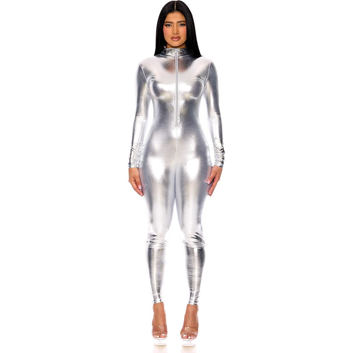 Костюм Forplay для жінок, металік, на блискавку, зі стійким коміром, карнавальний костюм на Геловін, США (S-M, сріблястий)