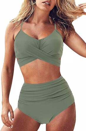 Бікіні JFAN з рюшами, пов'язка на спині, висока талія, топ з пуш-ап, комплект 2 шт. (Армійний зелений, XL)