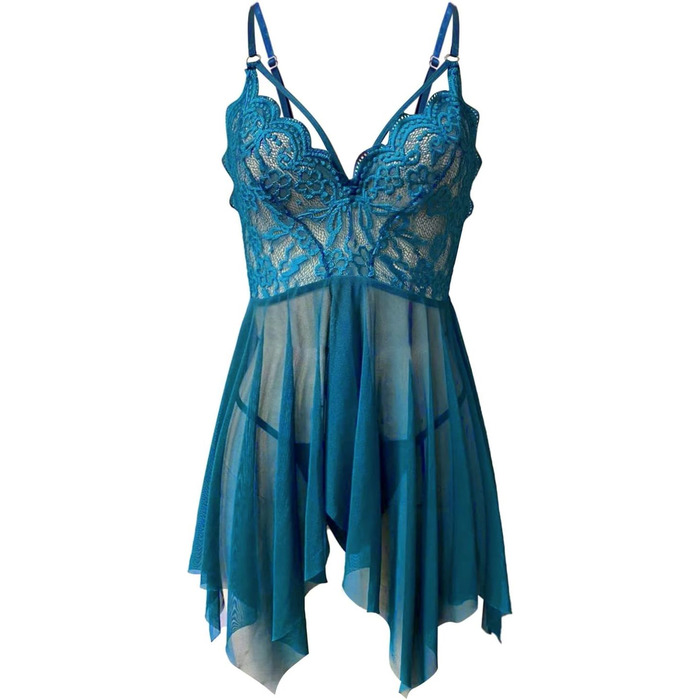 Сексуальна жіноча білизна Dessous великих розмірів: боді, сукня, нічна сорочка з V-подібним вирізом, мереживна піжама, комплект для свята, блакитний колір, розмір XL