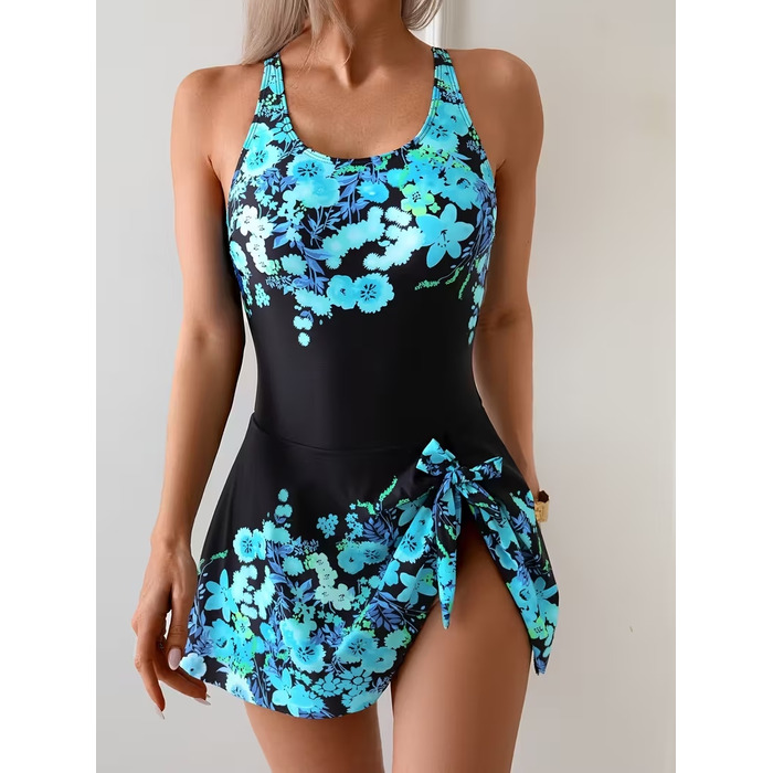 Коригуючий купальник-сукня Plus Size, чорний у квітку, розмір XL (42)