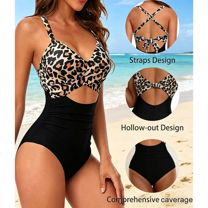 Купальник жіночий спортивний Plus Size, Push-up, з леопардовим принтом, чорний, розмір XL
